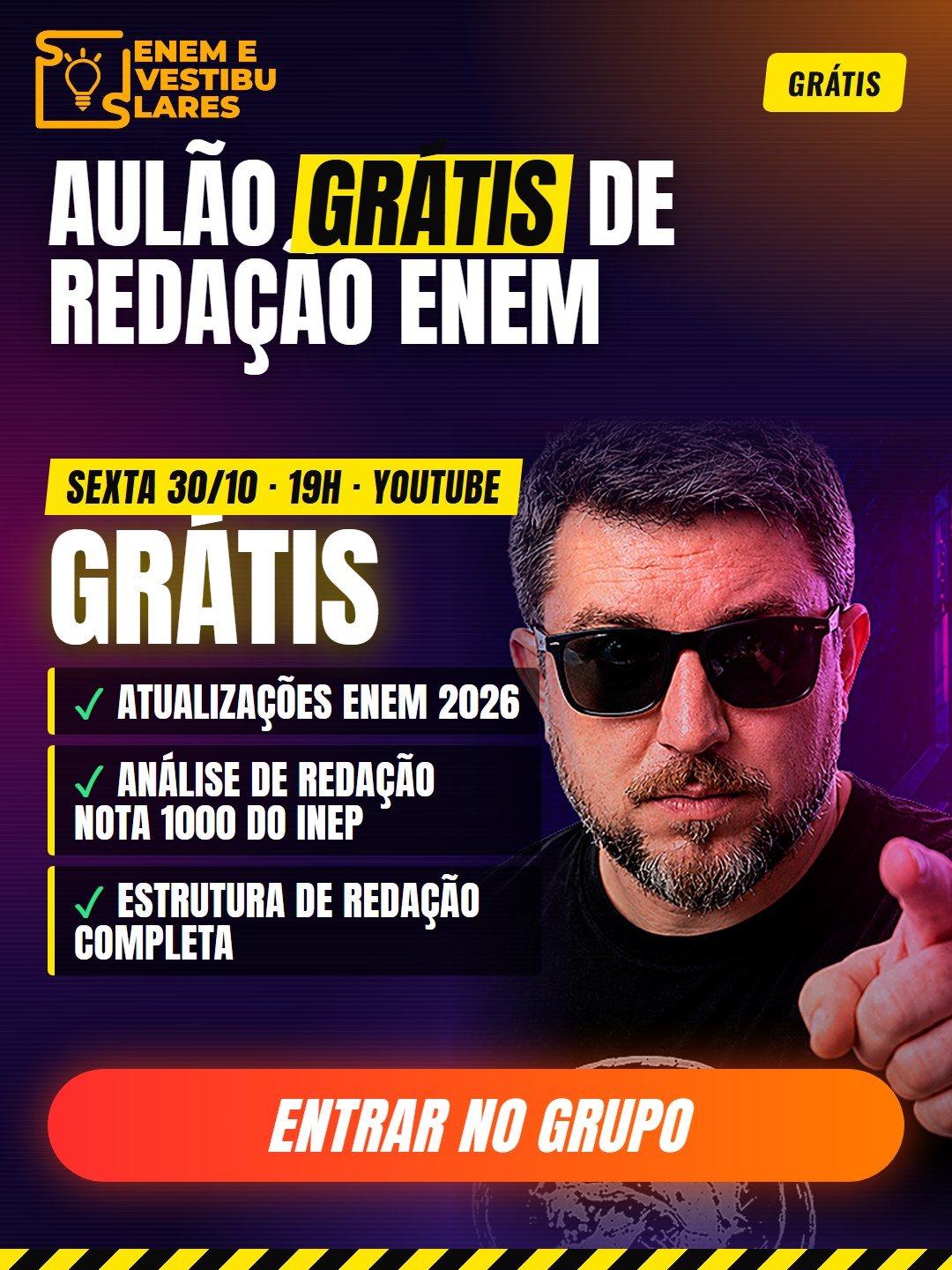 Aulão grátis de redação do ENEM 2026 — sexta 30/10 às 19h com o Prof. Thiago Bernhard